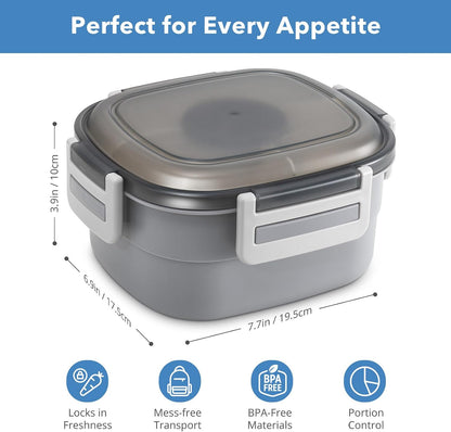 Salad Container for Lunch - 55 oz Salad Bowl with 4-Compartment Bento-Style Tray, 3 oz Sauce Box, Reusable Spork & BPA-Free, Lunch Box for Meal Prep & Food Storage(Gray)