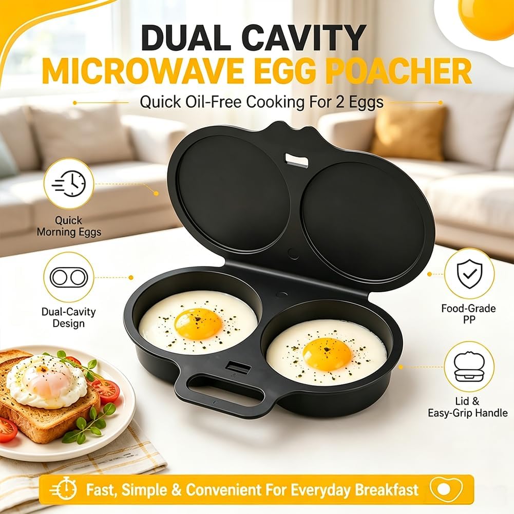 2027 Dual Cavity Microwave Egg Poacher With Lid & Handle，Black*2