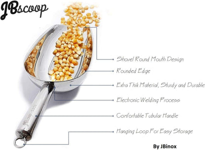 JBscoop Stainless Steel Scoop for ice, 9.6 Inch Metal Food Scoop Kitchen Bar Party Wedding Heavy Duty Dishwasher Safe - 8 Oz