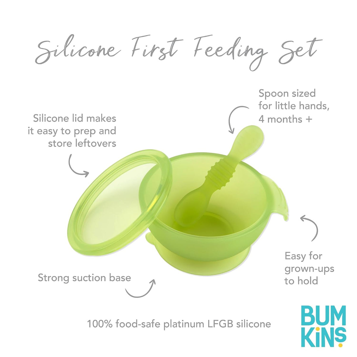 Bumkins Baby Bowl, Silicone Feeding Set with Suction for Baby and Toddler, Includes Spoon and Lid, First Feeding Set, Training Essentials for Baby Led Weaning for Babies 4 Months Up, Sage