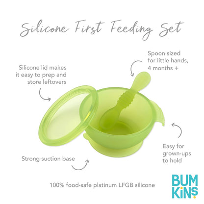 Bumkins Baby Bowl, Silicone Feeding Set with Suction for Baby and Toddler, Includes Spoon and Lid, First Feeding Set, Training Essentials for Baby Led Weaning for Babies 4 Months Up, Sage