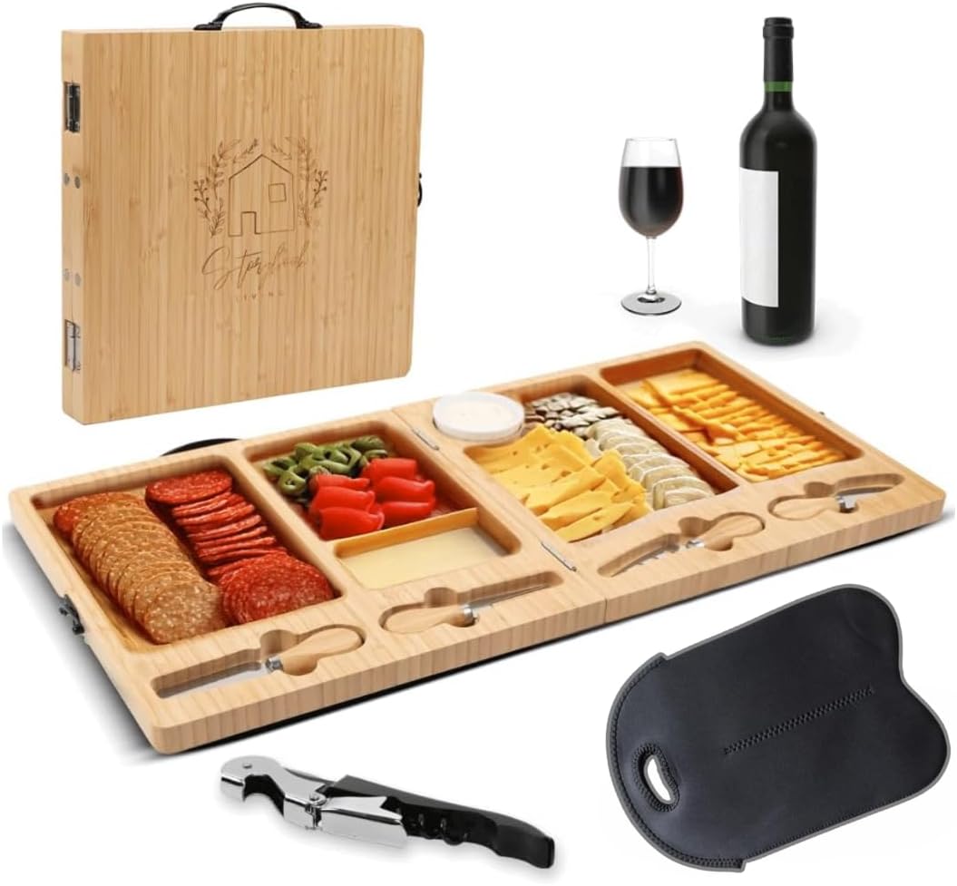Charcuterie Boards Set - Large Bamboo Cheese Board with Charcuterie Accessories - Wooden Cheese Platter - Foldable Charcuterie Board for House Warming Gifts New Home & Wedding Gifts