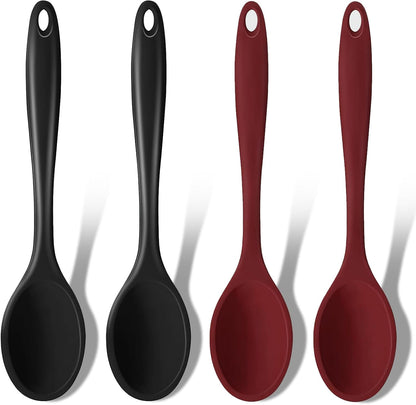 GEEKHOM Silicone Cooking Spoons, 4 Pieces 8" Heat Resistant Silicone Kitchen Utensils Set Serving Stirring Spoons for Non Stick Cooking, Mixing, Basting, Baking, Black+Red+Gray+Blue