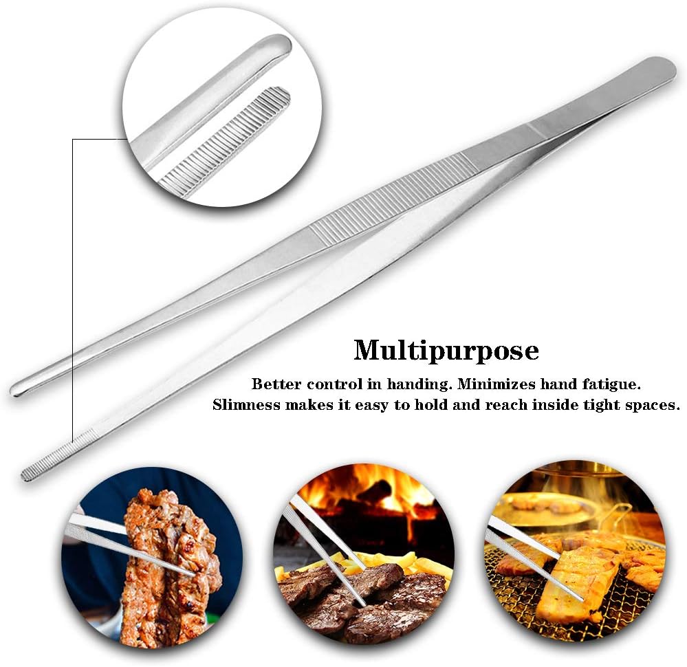 Kitchen Tweezers Stainless Steel 8 Inch Long Tweezers Tongs, Heavy Duty large food tweezers with Precision Serrated Tips for Cooking(8" Straight+Curved)