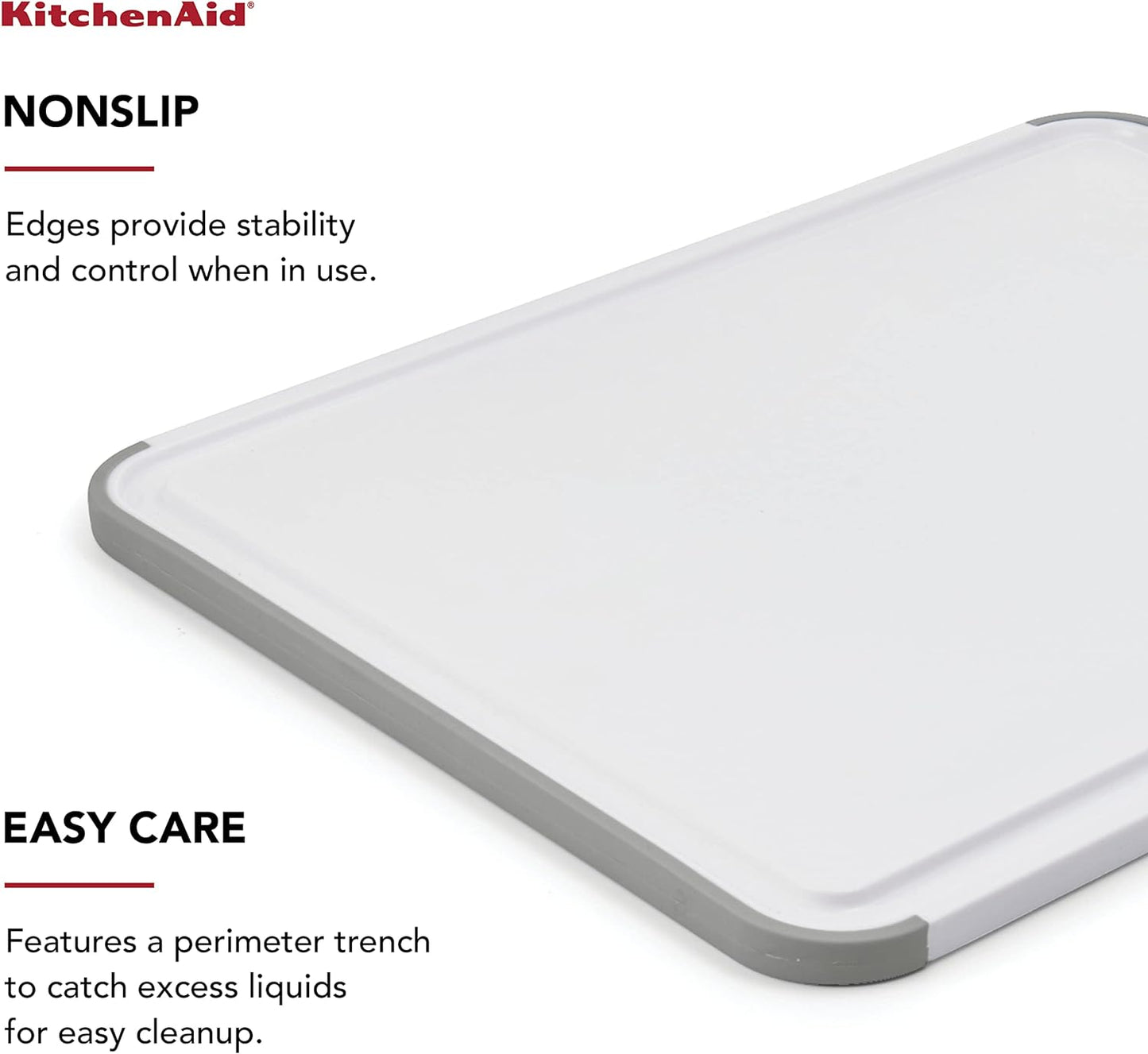 KitchenAid Classic Plastic Cutting Board with Perimeter Trench and Non Slip Edges, Dishwasher Safe, 12 inch x 18 inch, Gray