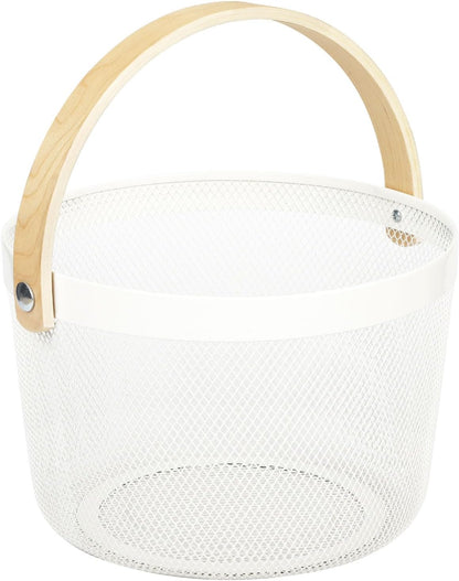 IBWell Bucket-Shape Metal Wire Woven Fruit Storage Bowl Basket with Wooden Handle, Large Black Mesh Fruit Stand, Multi-function Hanging Kitchen Baskets (Blue Grey)