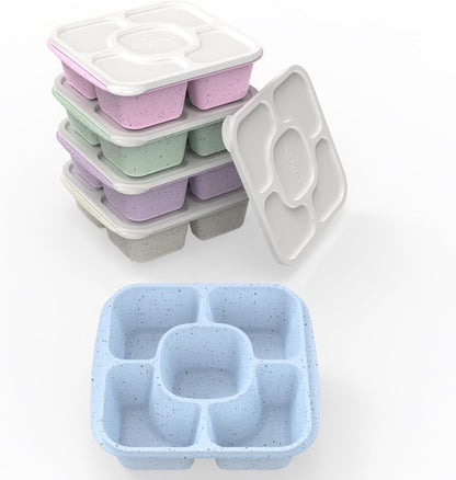 Caperci 5-Pack Lunchable Container Set for Kids & Adults - Reusable Bento Snack Box Containers with 5-Compartment for Food Storage & Meal Prep, Wheat Straw, BPA-Free (Dark & Clear Lids)