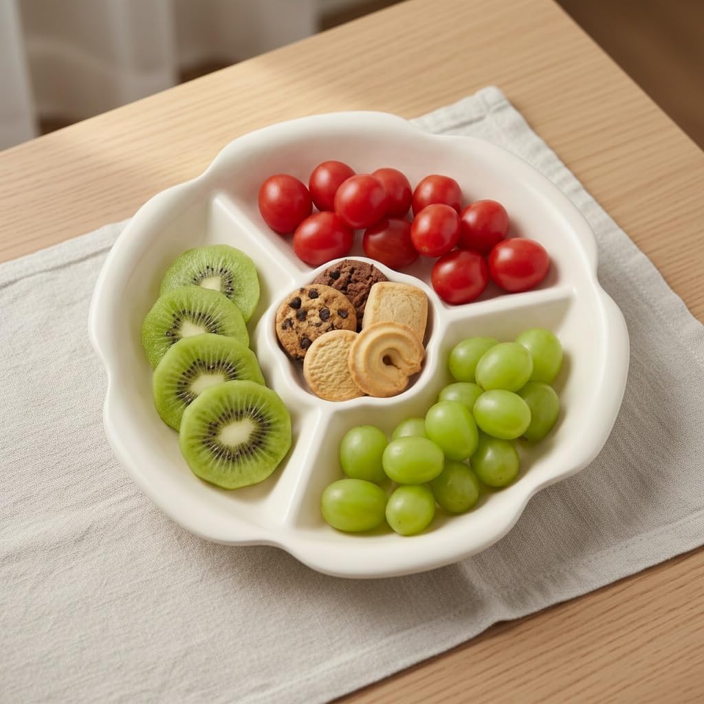 Ceramic Snack Platter Serving Tray,4 Sectional Porcelain Appetizer for Hosting & Party Entertaining,Flower Shape Serving Relish Dishes for Chip and Dip Veggies,Candy and Snack (Yellow)