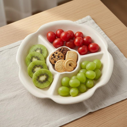 Ceramic Snack Platter Serving Tray,4 Sectional Porcelain Appetizer for Hosting & Party Entertaining,Flower Shape Serving Relish Dishes for Chip and Dip Veggies,Candy and Snack (Yellow)