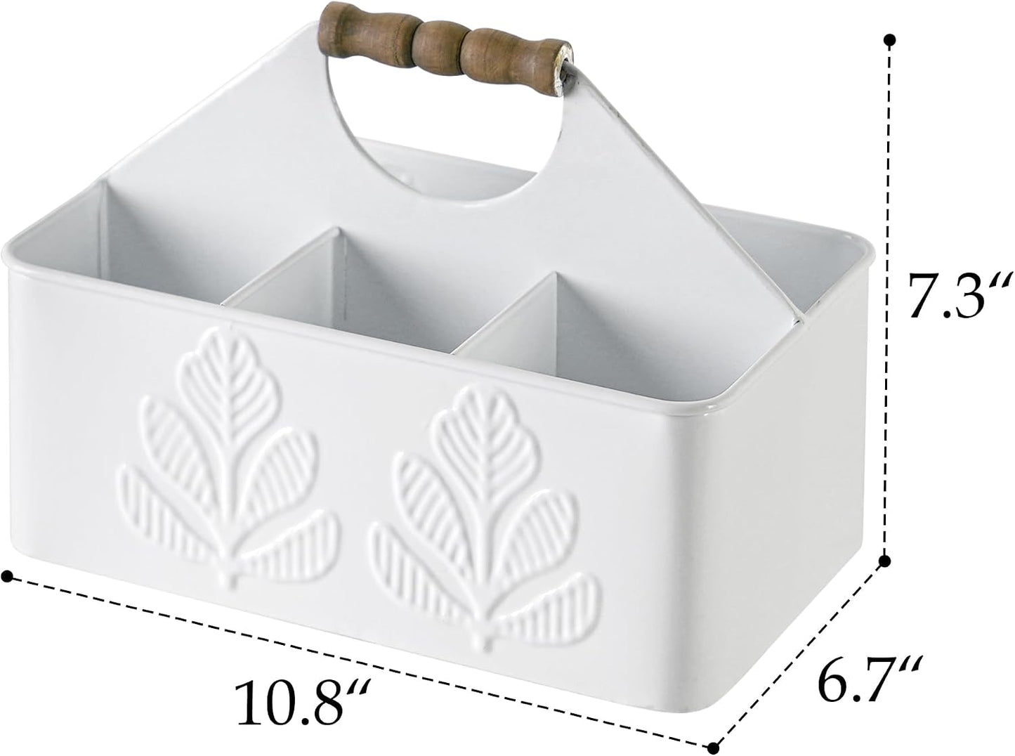 Silverware Caddy for Party Kitchen Flatware Holder for Countertop Metal White Plant Pattern Embossed Cutlery Organizer with 4 Compartments for Utensils, Spoons, Knives, Forks