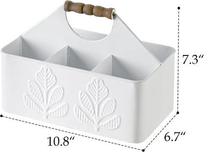 Silverware Caddy for Party Kitchen Flatware Holder for Countertop Metal White Plant Pattern Embossed Cutlery Organizer with 4 Compartments for Utensils, Spoons, Knives, Forks