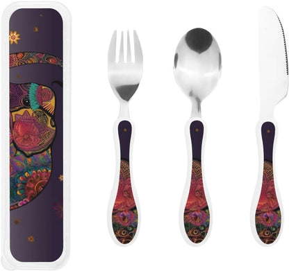 3-Piece Kids Silverware Set With Storage Case, Stainless Steel Reusable Children Safe Knife Spoon Fork Set African Animals Children Flatware Set For Kids Lunch Box