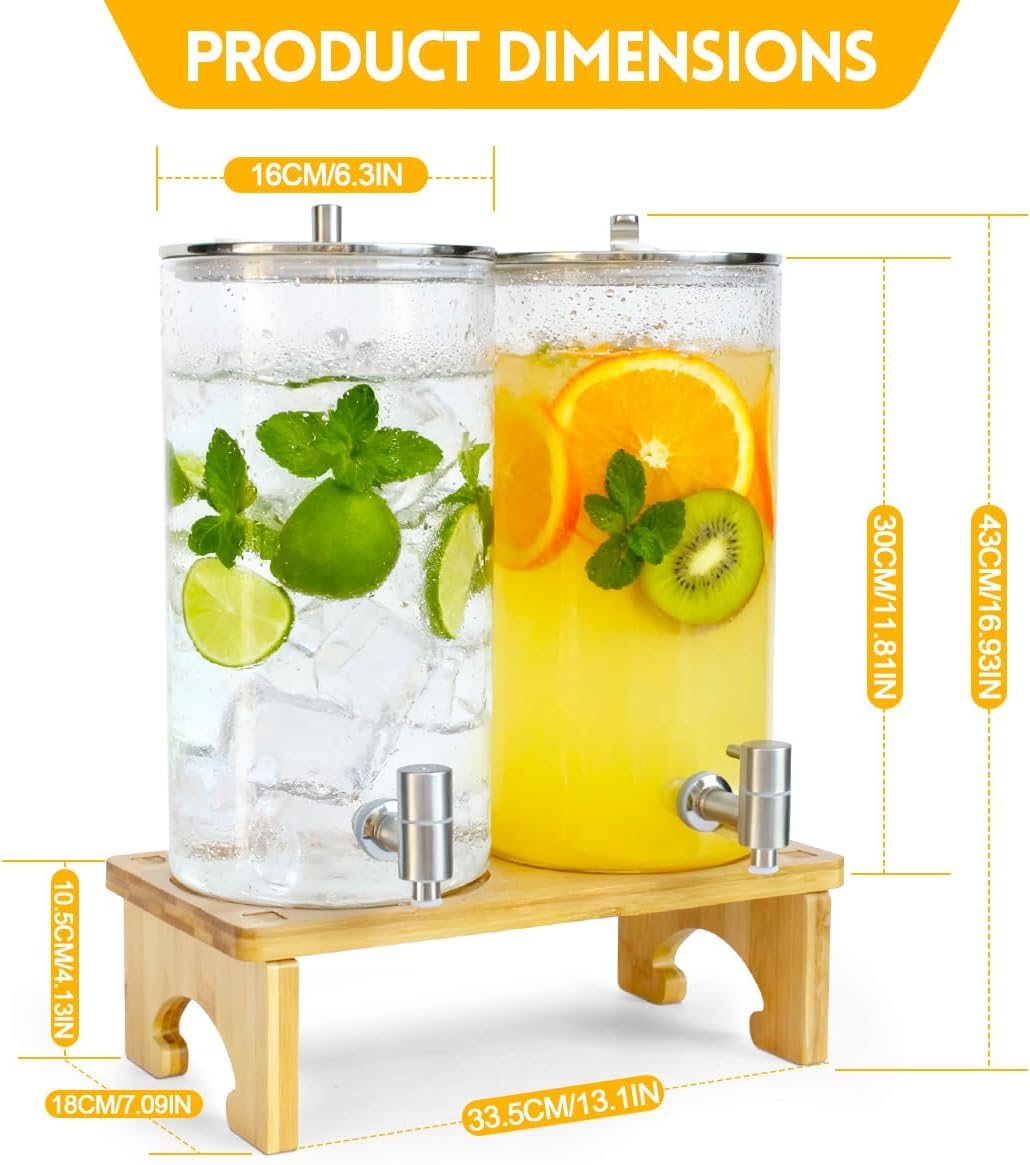2 Pack 1.5 Gallon Drink dispenser with Stand，Glass Beverage Dispenser With Wood Stand, 18/8 Stainless Steel Spigot and Labels Large Water Drink Dispensers for Parties, Lemonade,Juice, Tea