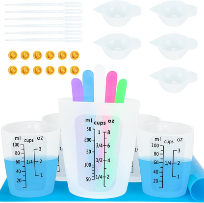 Creahaus Silicone Measuring Cups Tool Kit for Resin, Non-Stick 250 & 100ml Epoxy Mixing Cups, Reusable Resin Supplies with Silicone Mat, Stir Sticks, Pipettes, Cups for Molds, Jewelry Making
