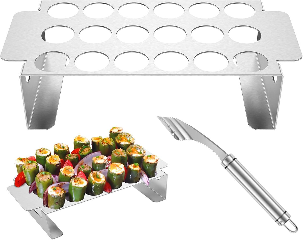 2Pcs Jalapeno Poppers Rack for Grill with Pepper Corer Tool, 18 Holes Poppin Popper holder jalapeños Vooker Pepper Grilling Rack, Stainless Steel Chili Roasting Rack BBQ Pepper Holder