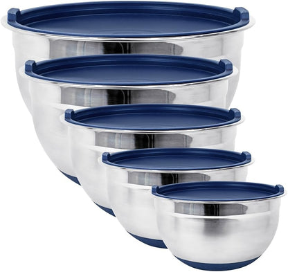 Stainless Steel Mixing Bowls with Lids and Non Slip Bases (Set of 3, Red)