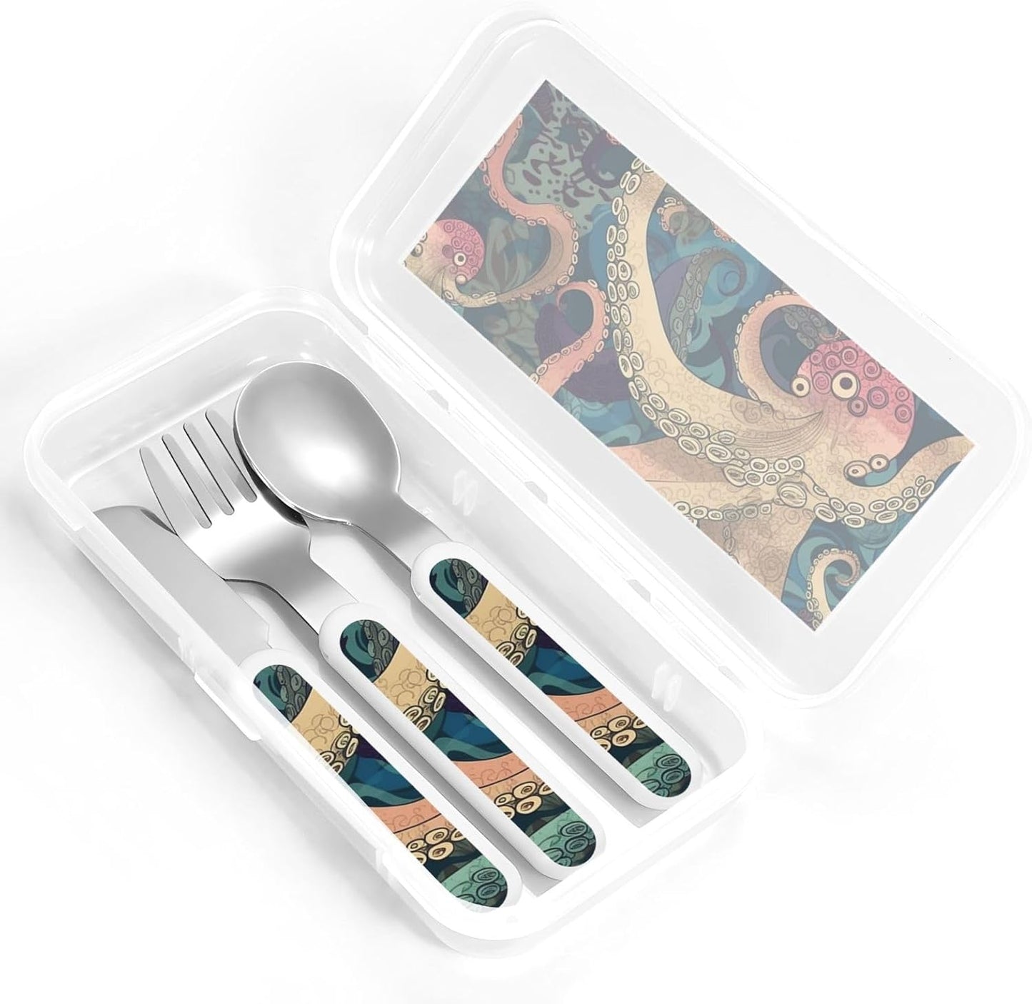 3-Piece Kids Silverware Set With Storage Case, Stainless Steel Reusable Children Safe Knife Spoon Fork Set Abstract Octopus Kraken Children Flatware Set For Kids Lunch Box
