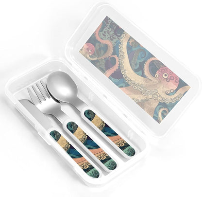 3-Piece Kids Silverware Set With Storage Case, Stainless Steel Reusable Children Safe Knife Spoon Fork Set Abstract Octopus Kraken Children Flatware Set For Kids Lunch Box
