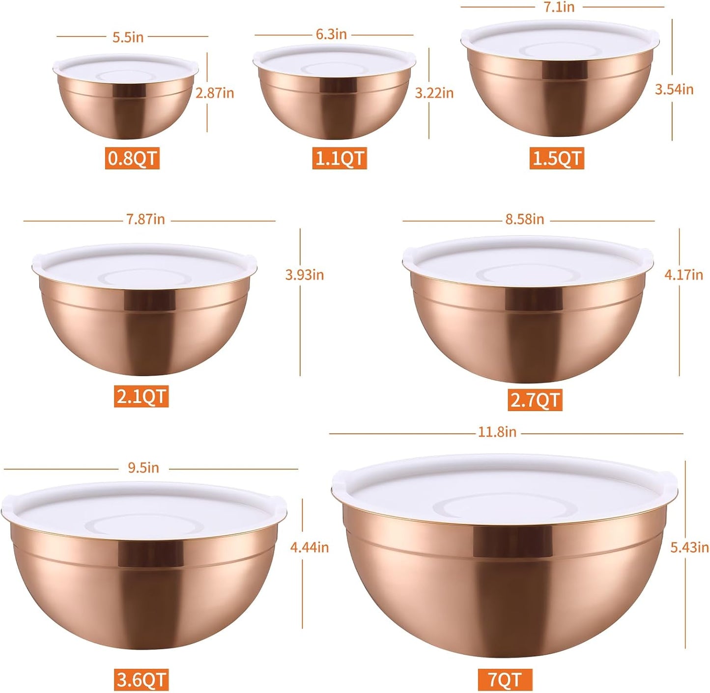 Pink Mixing Bowls with Airtight Lids, Stainless Steel Nesting Mixing Bowls Set of 7, Ideal for Baking, Prepping and Serving Food, Size 7, 3.6, 2.7, 2.1, 1.5, 1.1,0.8 QT, Stackable Design