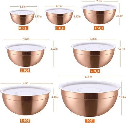 Pink Mixing Bowls with Airtight Lids, Stainless Steel Nesting Mixing Bowls Set of 7, Ideal for Baking, Prepping and Serving Food, Size 7, 3.6, 2.7, 2.1, 1.5, 1.1,0.8 QT, Stackable Design