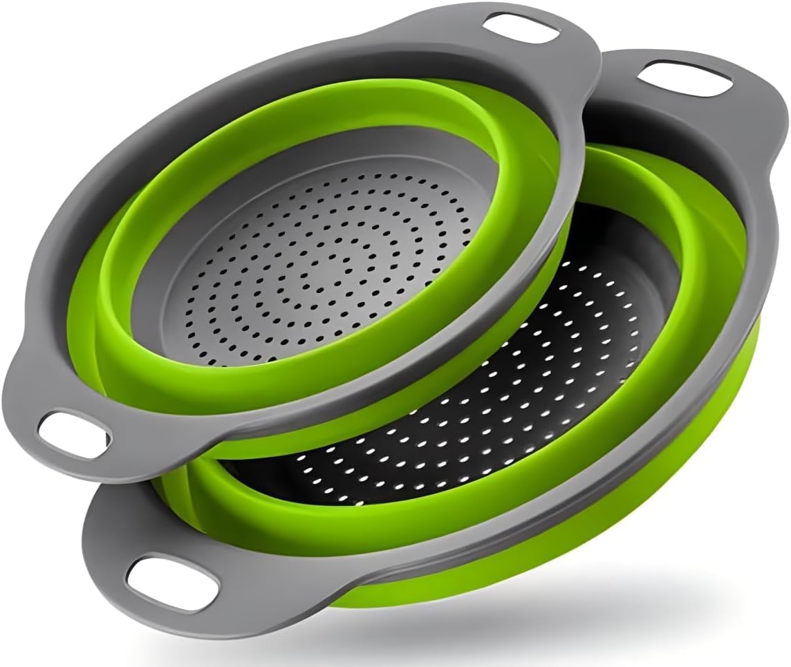 Collapsible Colander Set of 2, Foldable Silicone Pasta Strainer with Handles, 2 Pack Space Saving Kitchen Colander for Fruits,Space Saving Pasta Strainer Basket for Fruits & Vegetables