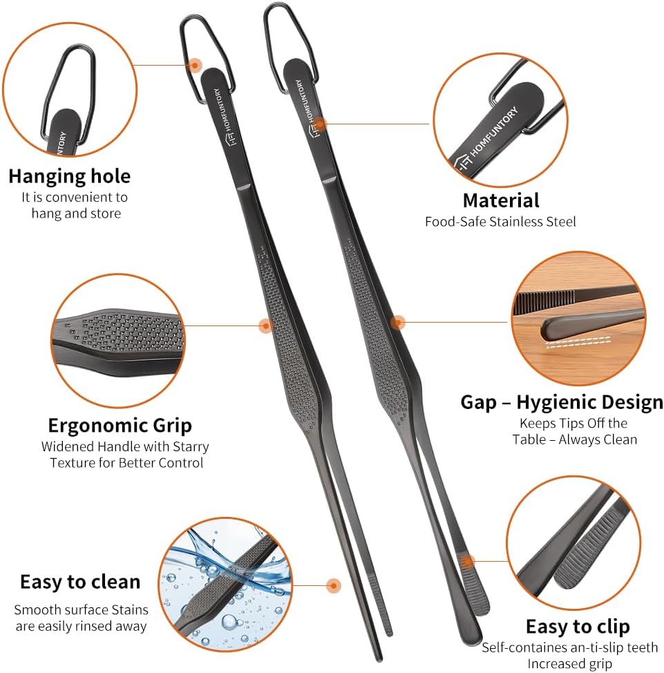 Stainless Steel Cooking Tweezers, 12-Inch Precision Kitchen Tweezers with Star Dot Texture, Wider Grip & Elevated Tips | Galaxy Grip Series, 2 Pcs (Black)