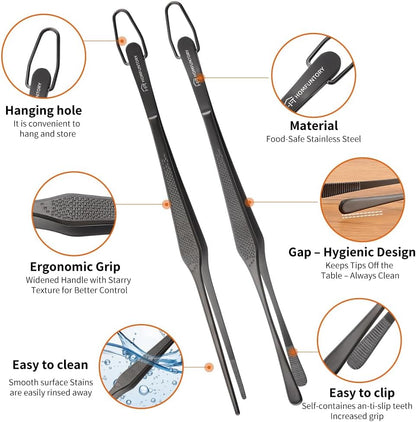 Stainless Steel Cooking Tweezers, 12-Inch Precision Kitchen Tweezers with Star Dot Texture, Wider Grip & Elevated Tips | Galaxy Grip Series, 2 Pcs (Black)