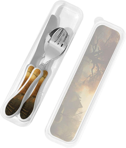 3-Piece Kids Silverware Set With Storage Case, Stainless Steel Reusable Children Safe Knife Spoon Fork Set Blue Lotus Floral Children Flatware Set For Kids Lunch Box
