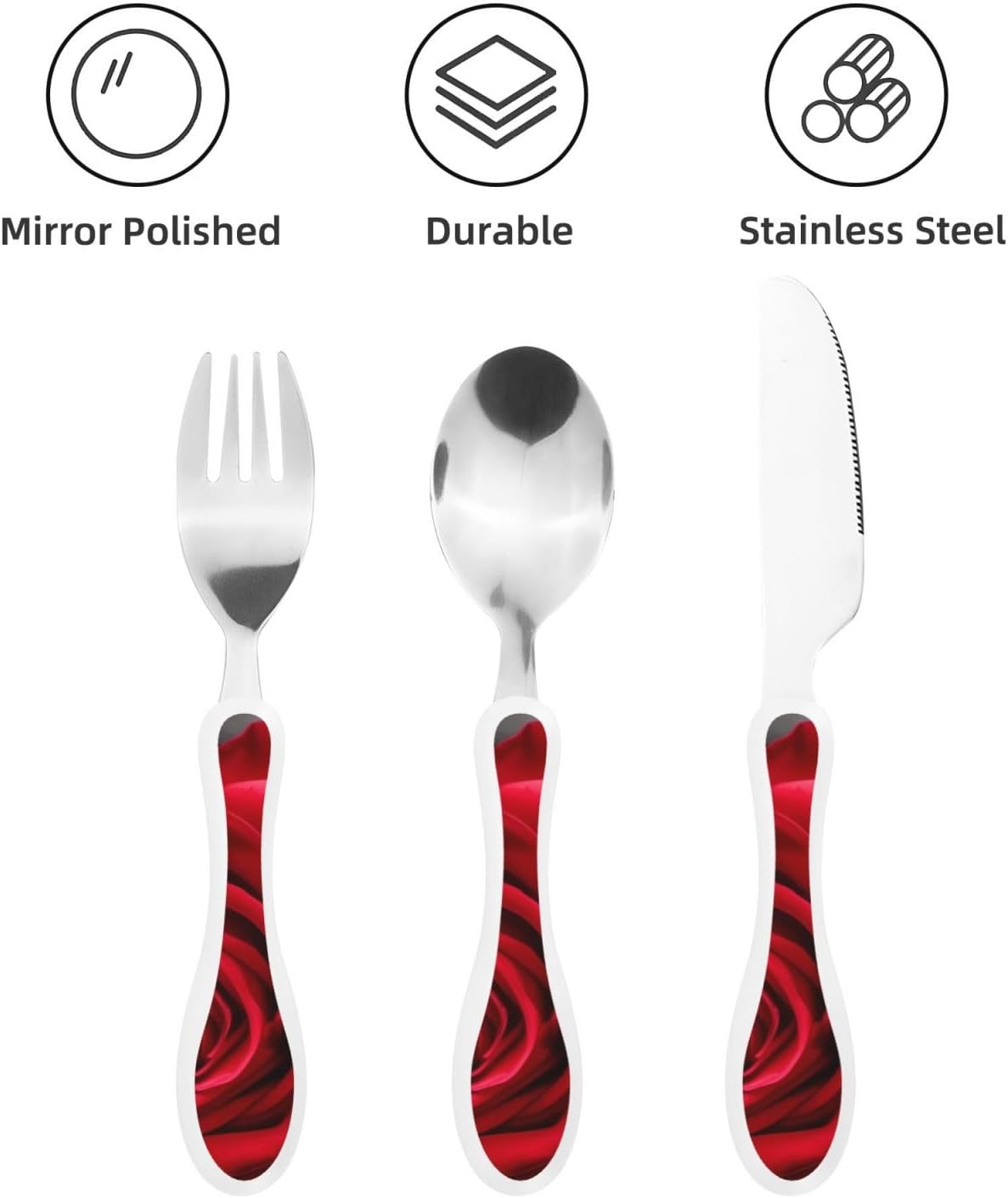 3-Piece Kids Silverware Set With Storage Case, Stainless Steel Reusable Children Safe Knife Spoon Fork Set Black White Stripes Red Rose Flowers Children Flatware Set For Kids Lunch Box