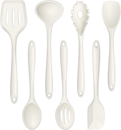 TeamFar Silicone Cooking Utensil Set of 7, Black Kitchen Nonstick Tools Turner Spoon Spatula Ladle Pasta Server for Nonstick Cookware, Healthy & One-Piece, Anti-Heat & Dishwasher Safe