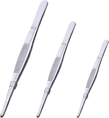 3PCS Stainless Steel Tweezers Set 8" 10" 12", Long Kitchen Tongs with Precision Serrated Tips for Cooking, Medical, Garden, Aquarium and Laboratory Use