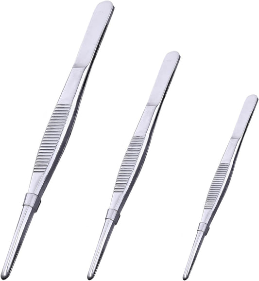3PCS Stainless Steel Tweezers Set 8" 10" 12", Long Kitchen Tongs with Precision Serrated Tips for Cooking, Medical, Garden, Aquarium and Laboratory Use