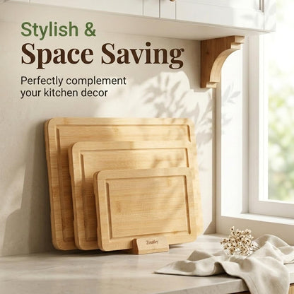 3-Piece Deep Carbonized Bamboo Cutting Board Set with Vertical Drying Stand | Wooden Chopping Boards for Kitchen | Extra Deep Juice Grooves & Easy-Carry Side Handles | Gift-Ready