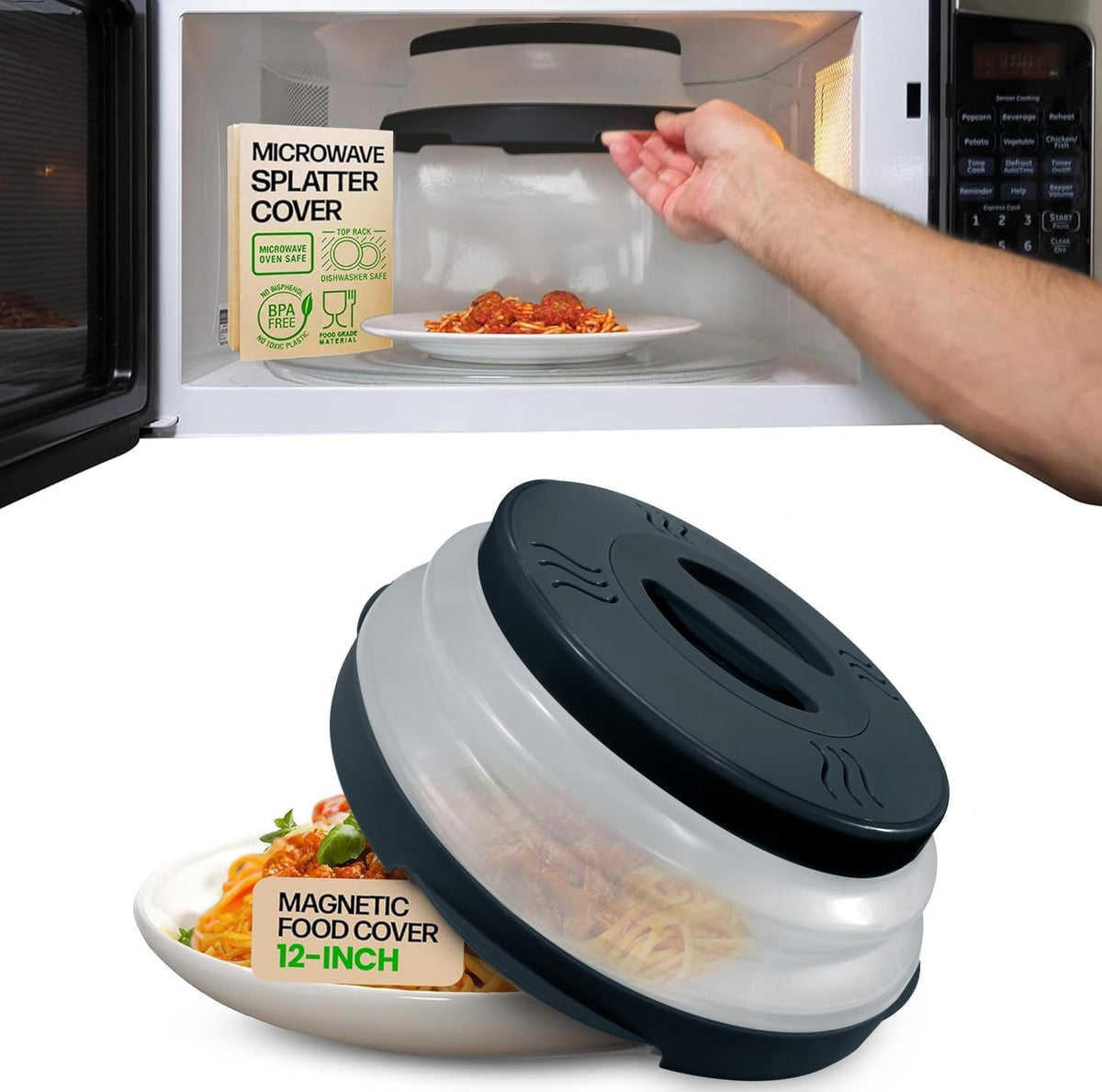 HOVER COVER Magnetic Microwave Splatter Cover - 12-Inch Collapsible - Gray