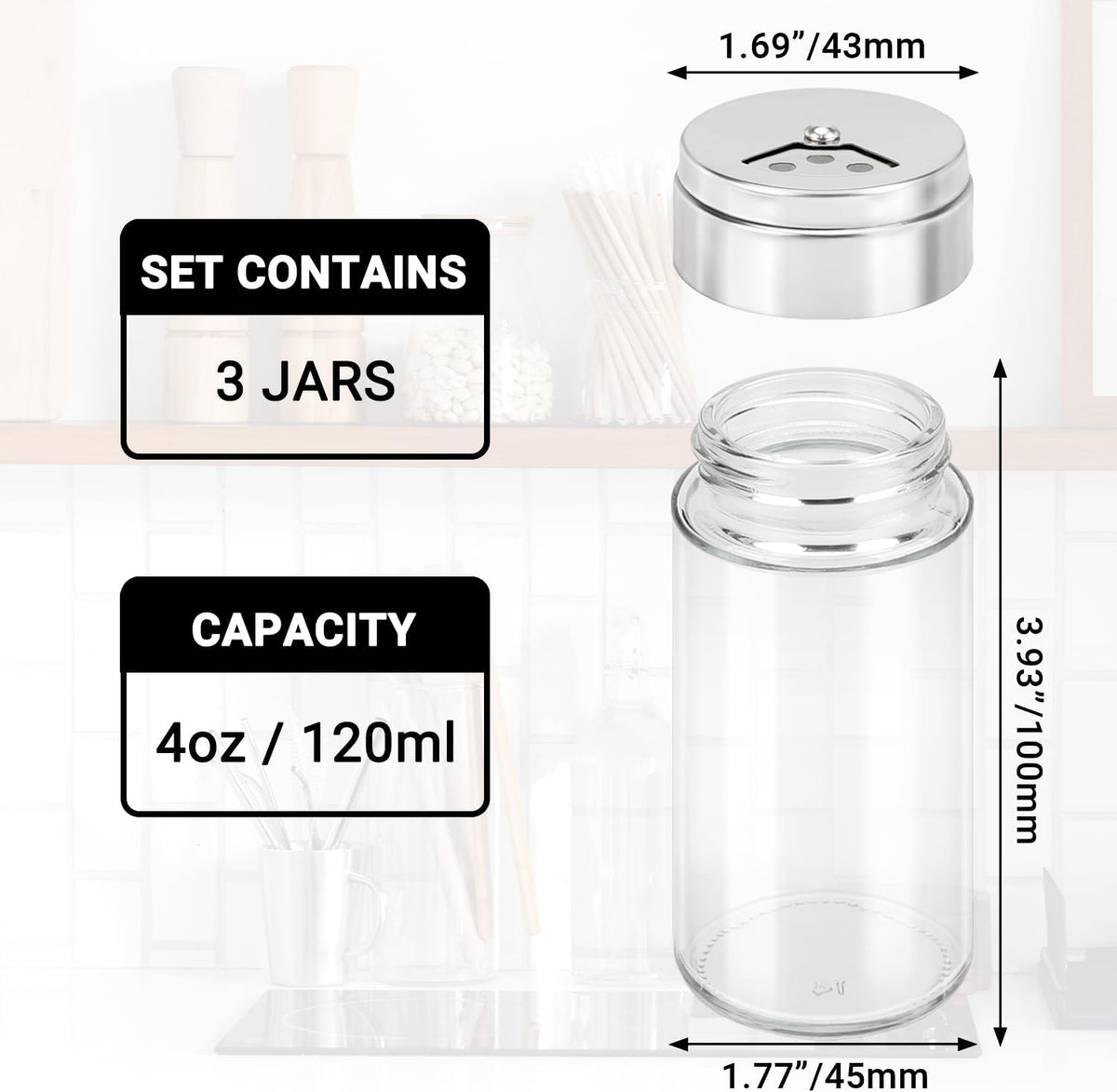 Segarty Spice Jars, 3 oz Spice Bottles with Shaker Lids, Glass Empty Seasoning Containers with Adjustable Pour Holes for Kitchen Spice Storage Stainless Steel Flow Top Salt and Pepper Shakers