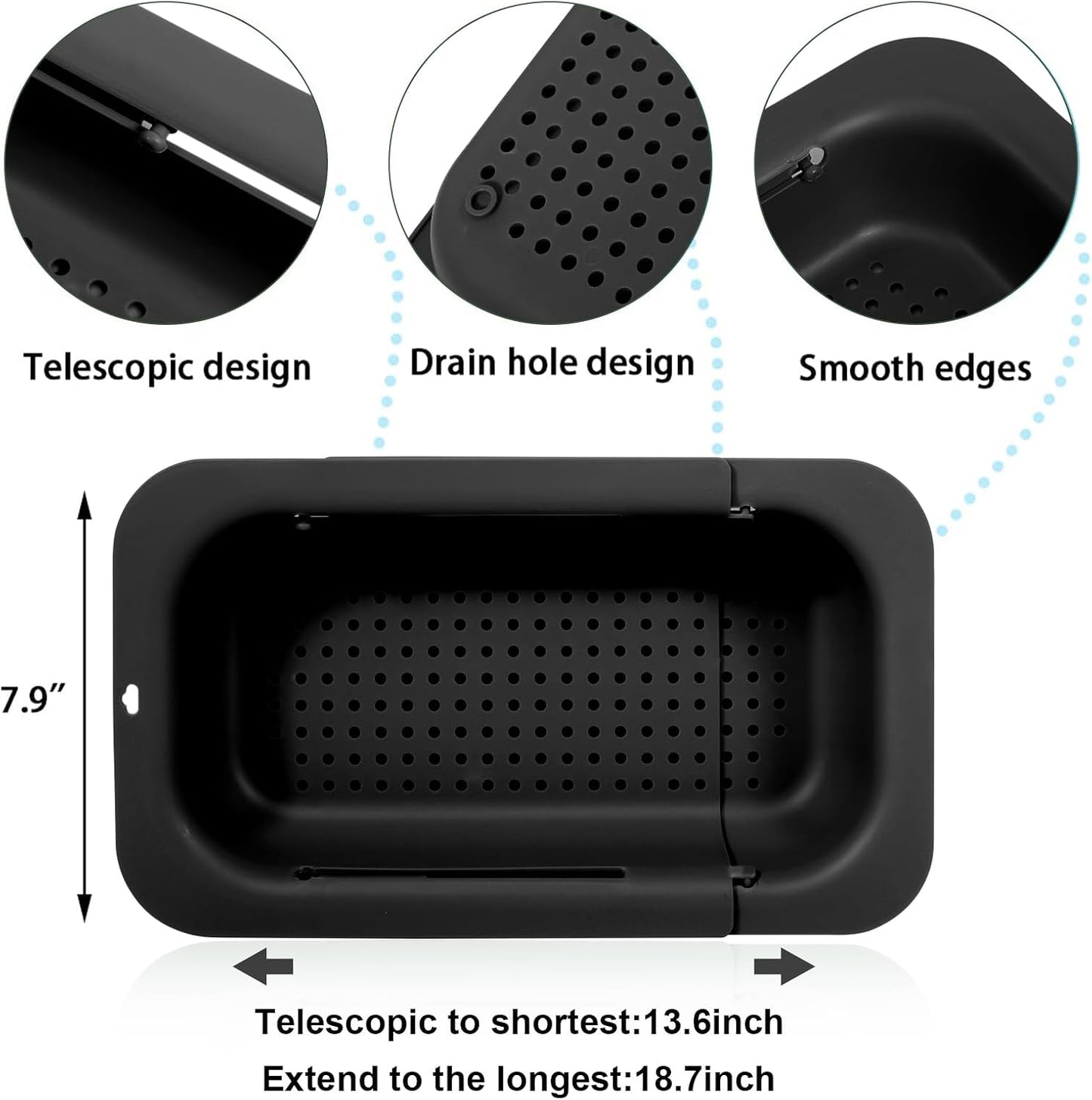 KesaPlan Collapsible Sink Colanders and Strainers Basket Over the Colander Extendable Plastic Fruit Vegetable Strainer Drainer for Kitchen(Length 14.3-19.4 inch)(Gray Set of 2)
