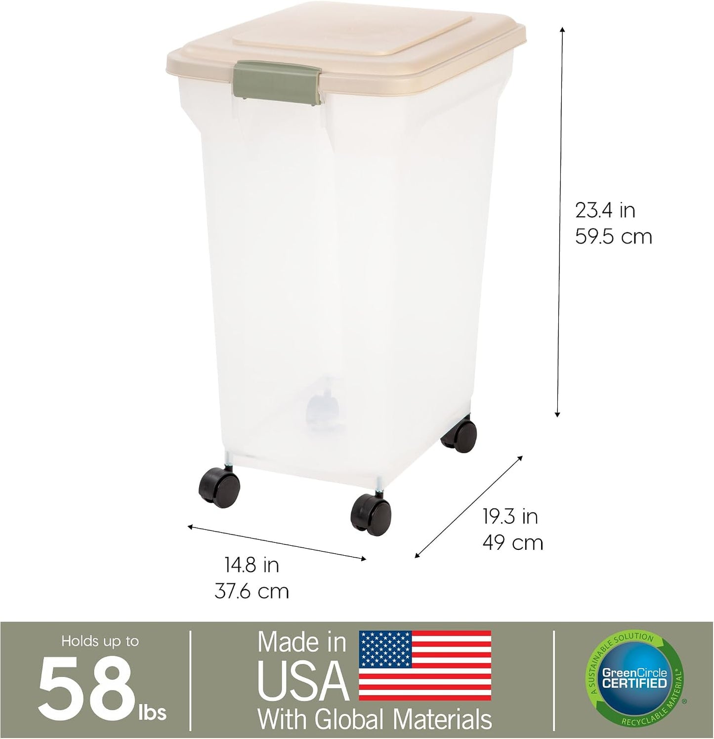 IRIS USA Dog Food Storage Container 58 Lb, Airtight Large Pet Food Storage Bin with Wheels, for Dog Cat Bird Chicken Food, Holds Up to 58 lbs, Keep Fresh, BPA Free, Made in USA, Black