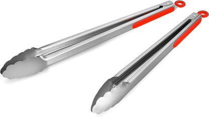 304 Stainless Steel Kitchen Cooking Tongs, 9" and 12" Set of 2 Sturdy Grilling Barbeque Brushed Locking Food Tongs with Ergonomic Grip, Black