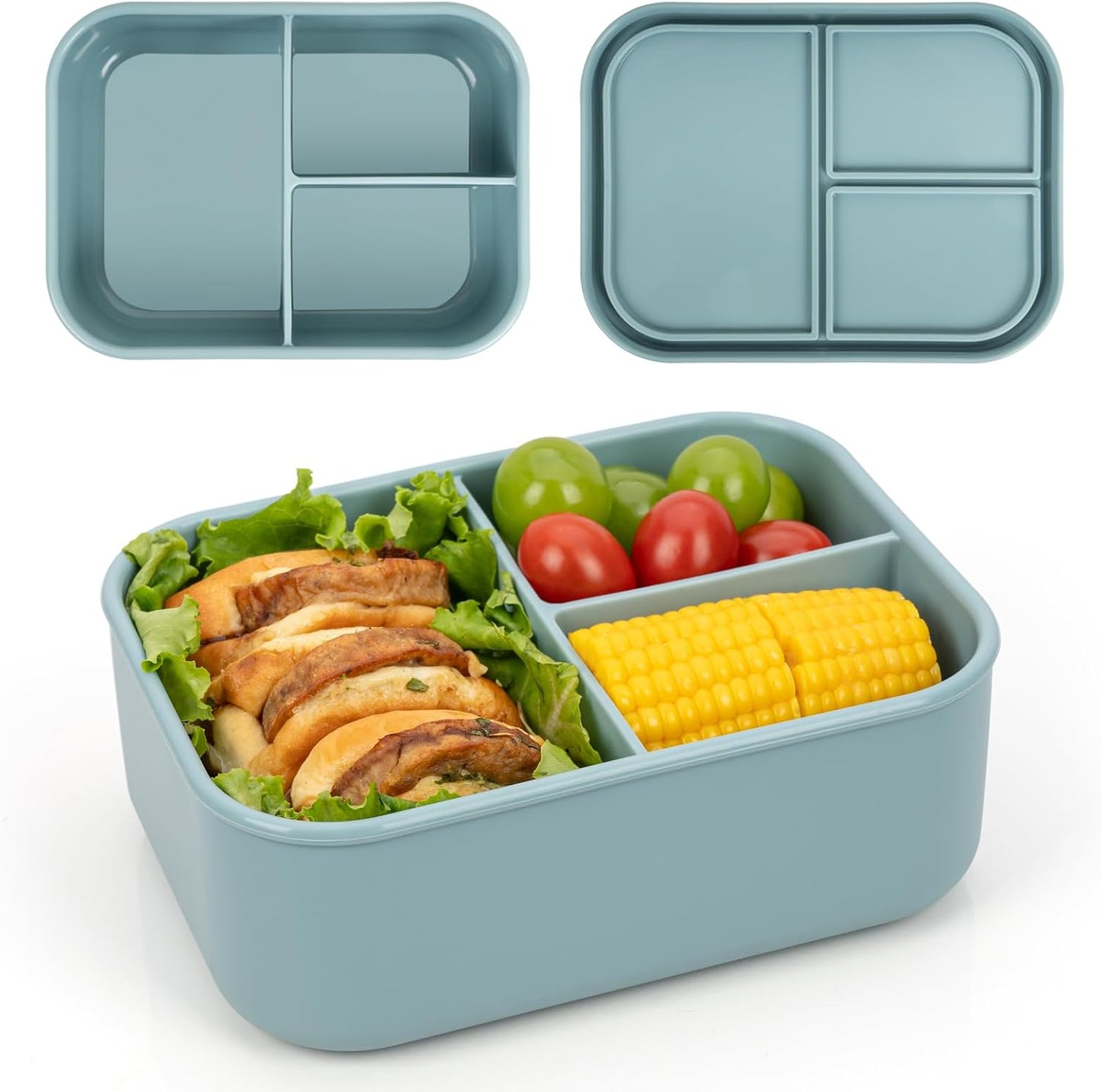 Silicone Bento Box Adult Lunch Container, 3 Compartment Container, Food Grade Silicone Bento Lunch Box for Work Travel Meal Prep, Leak-proof Food Storage Container（1 Pack Nile Blue）