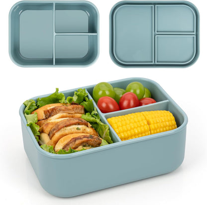 Silicone Bento Box Adult Lunch Container, 3 Compartment Container, Food Grade Silicone Bento Lunch Box for Work Travel Meal Prep, Leak-proof Food Storage Container（1 Pack Nile Blue）