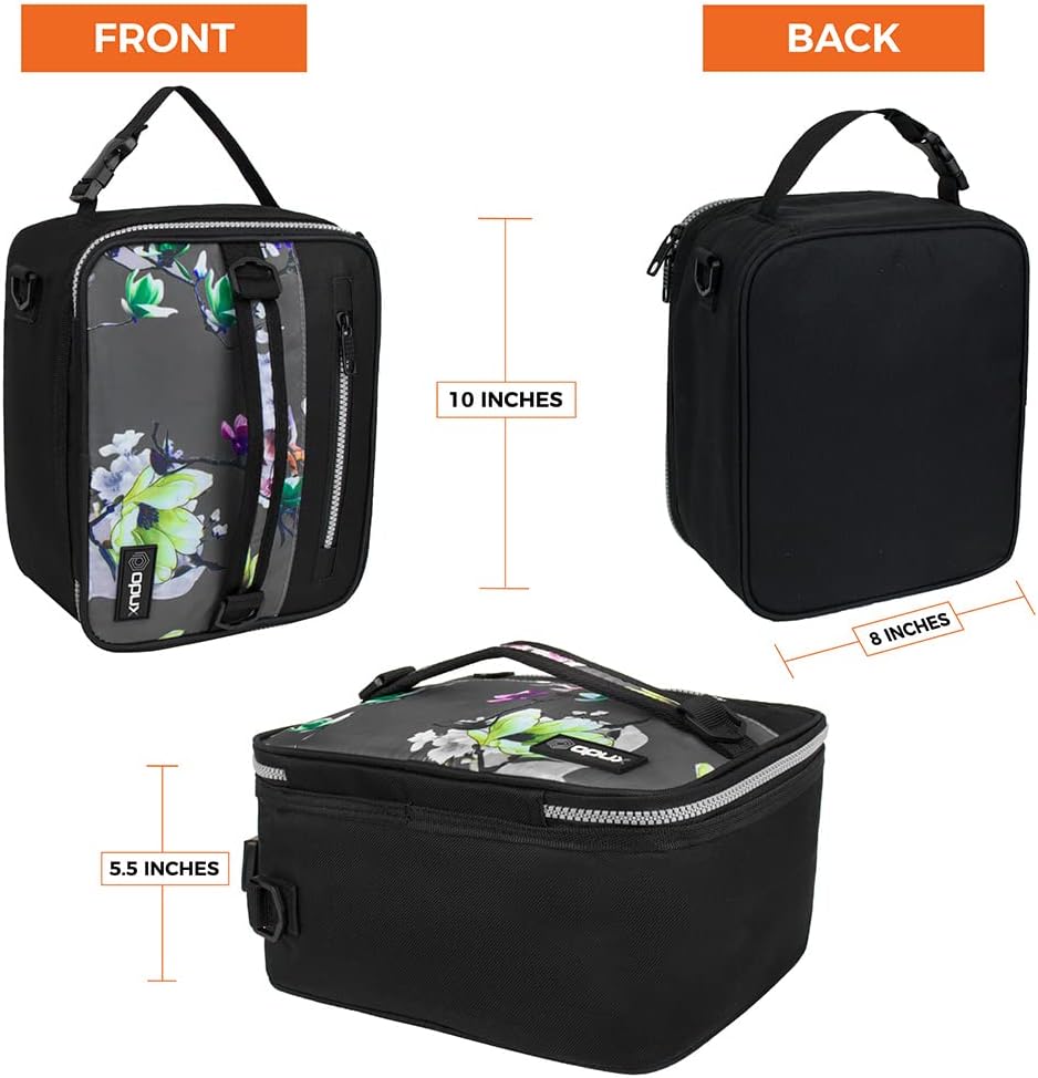 opux Insulated Lunch Box for Men Women Adult, Compact Lunch Bag for Kids Boy Girl Teen, Soft Lunch Cooler Bag for Work School, Leakproof Lunchbox Lunch Pail with Clip-on Buckle, Grey Flowers