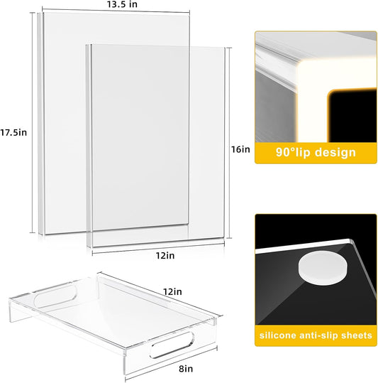 HELPLEX Acrylic Cutting Board with Counter Lip – Set of 3 Clear Non-Slip Chopping Boards and Cutting Boards for Kitchen Countertop, 17.5x13.5 & 16x12 + 8x12 Tray, Gift for Home Cooks