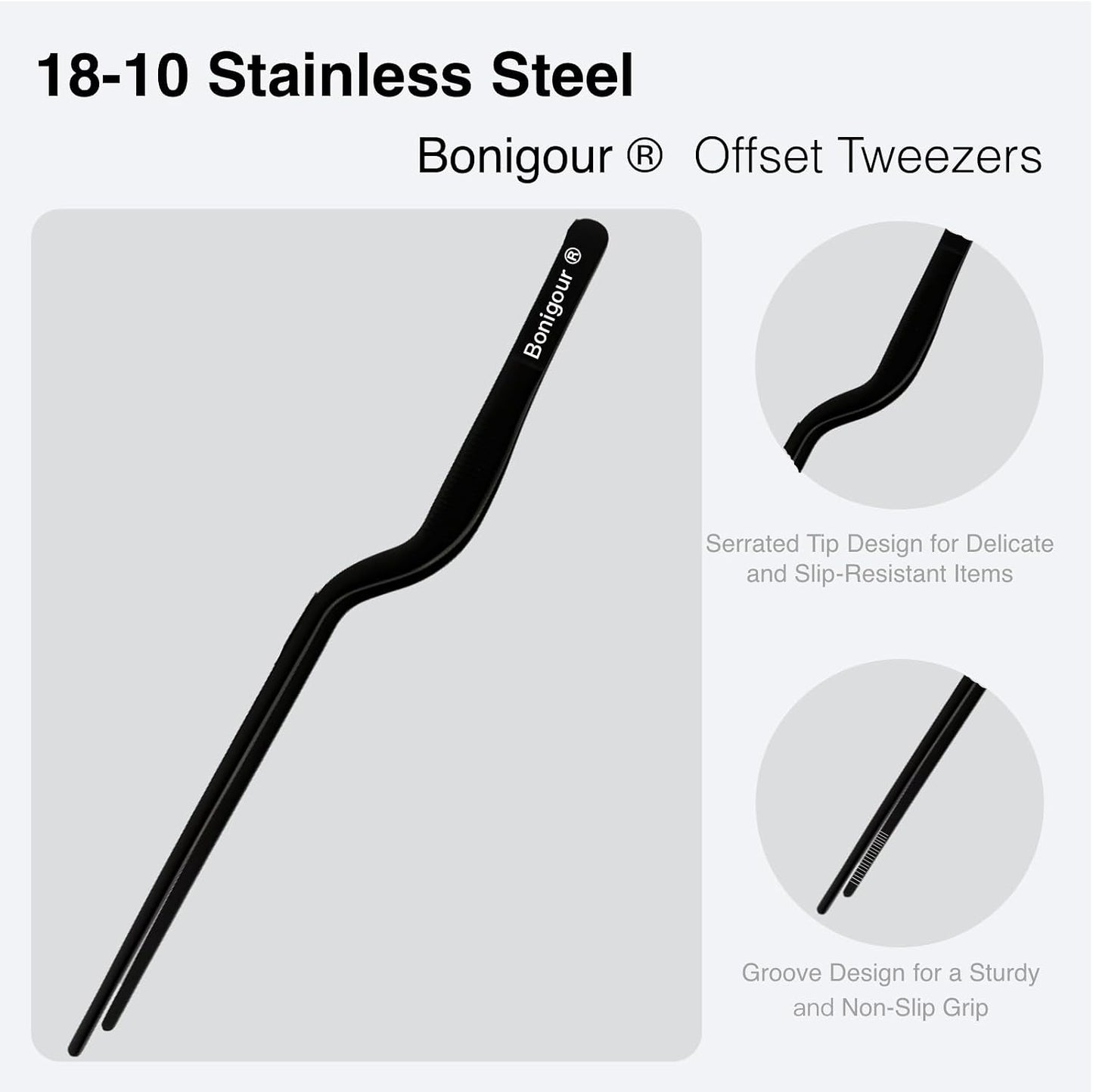 8 Inch Precision Offset Tweezers, Kitchen Culinary Stainless Steel Tongs, Curved Kitchen Cooking Multi-function Chef Precision Tweezer Tongs for Plating, Food Decorating and ect (Black)