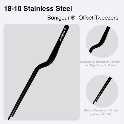 8 Inch Precision Offset Tweezers, Kitchen Culinary Stainless Steel Tongs, Curved Kitchen Cooking Multi-function Chef Precision Tweezer Tongs for Plating, Food Decorating and ect (Black)