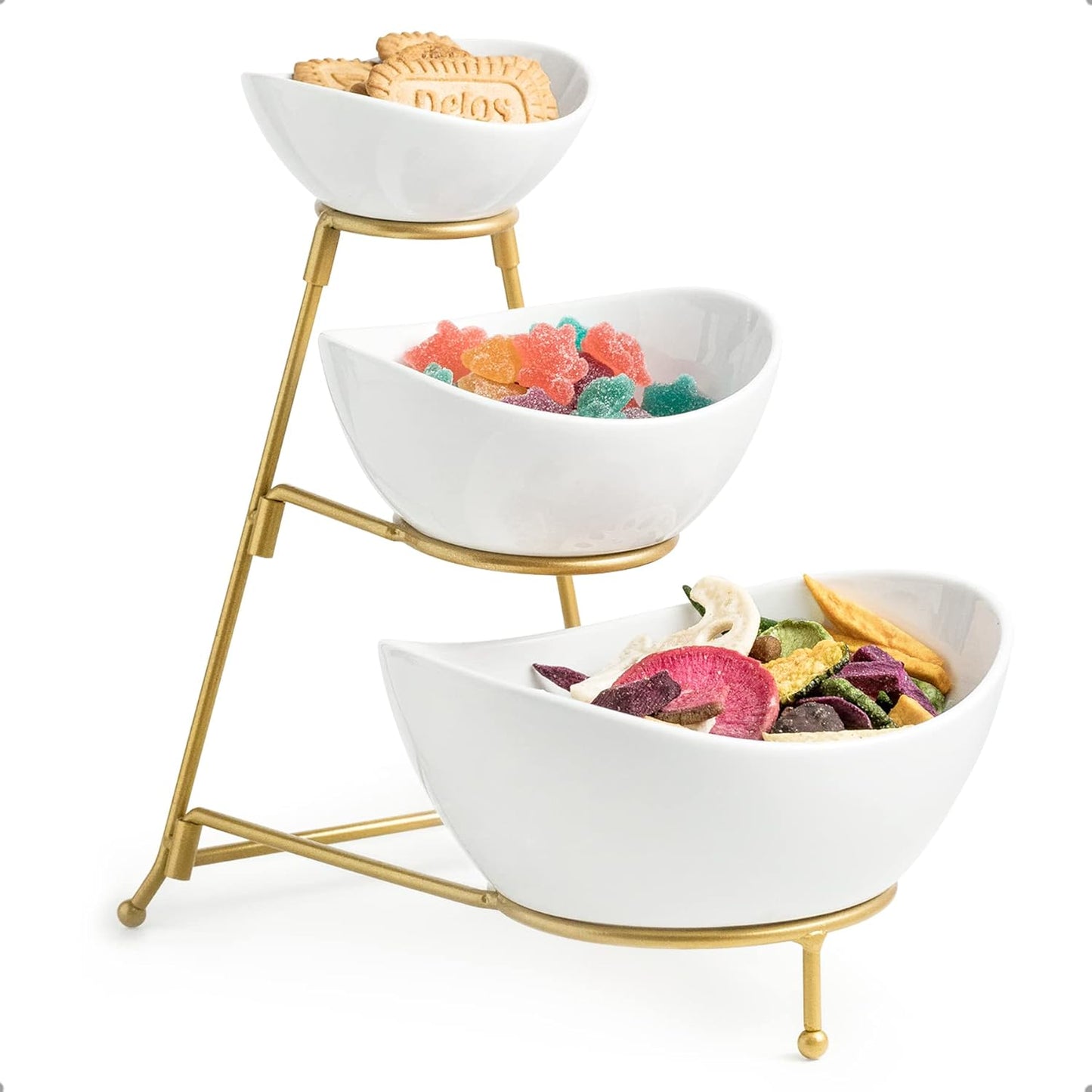 Miamolo Porcelain Serving Bowl Set for Appetizer Serving Dishes Set with 2 Compartment, Chip and Dip Taco Rack Display Salad Bar Serving Set, Gold Stand