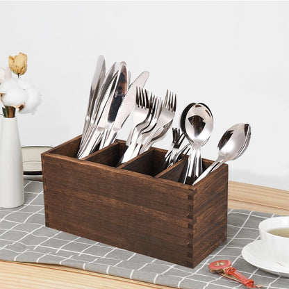 WuGeShop Wood Cutlery Caddy, Kitchen Utensil Organizer with 4 Compartments, Silverware Storage Kitchen Countertop Flatware Organizer