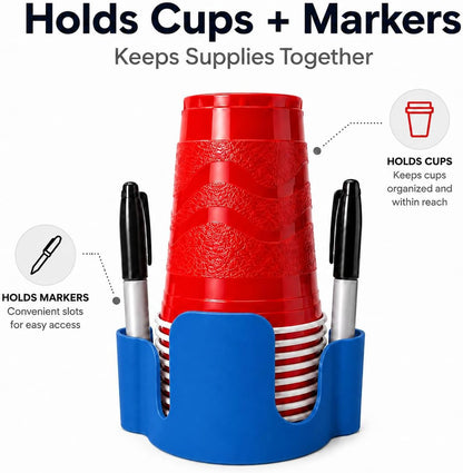 Party Cup Dispenser with Marker Holder – Stackable Plastic Cup Organizer for Parties, Events, BBQs, Picnics, Graduations & Drink Stations, Cup and Marker Caddy, Black (Red)