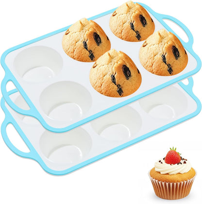 Silicone Muffin Pans for Baking 2 Pack, 2.6 Inch with Metal Reinforced Frame, Regular Size Nonstick Cupcake Pan 12 Cups for Baking Homemade Muffins, Dishwasher Safe BPA Free-Blue