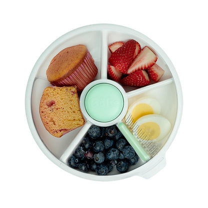 GoBe Kids Small Snack Spinner Flip Bundle with Hand Strap and Sticker Sheet - Reusable Snack Container with 5 Compartment Dispenser and Lid | BPA/PVC Free | Dishwasher Safe | No Spill- Mint Green