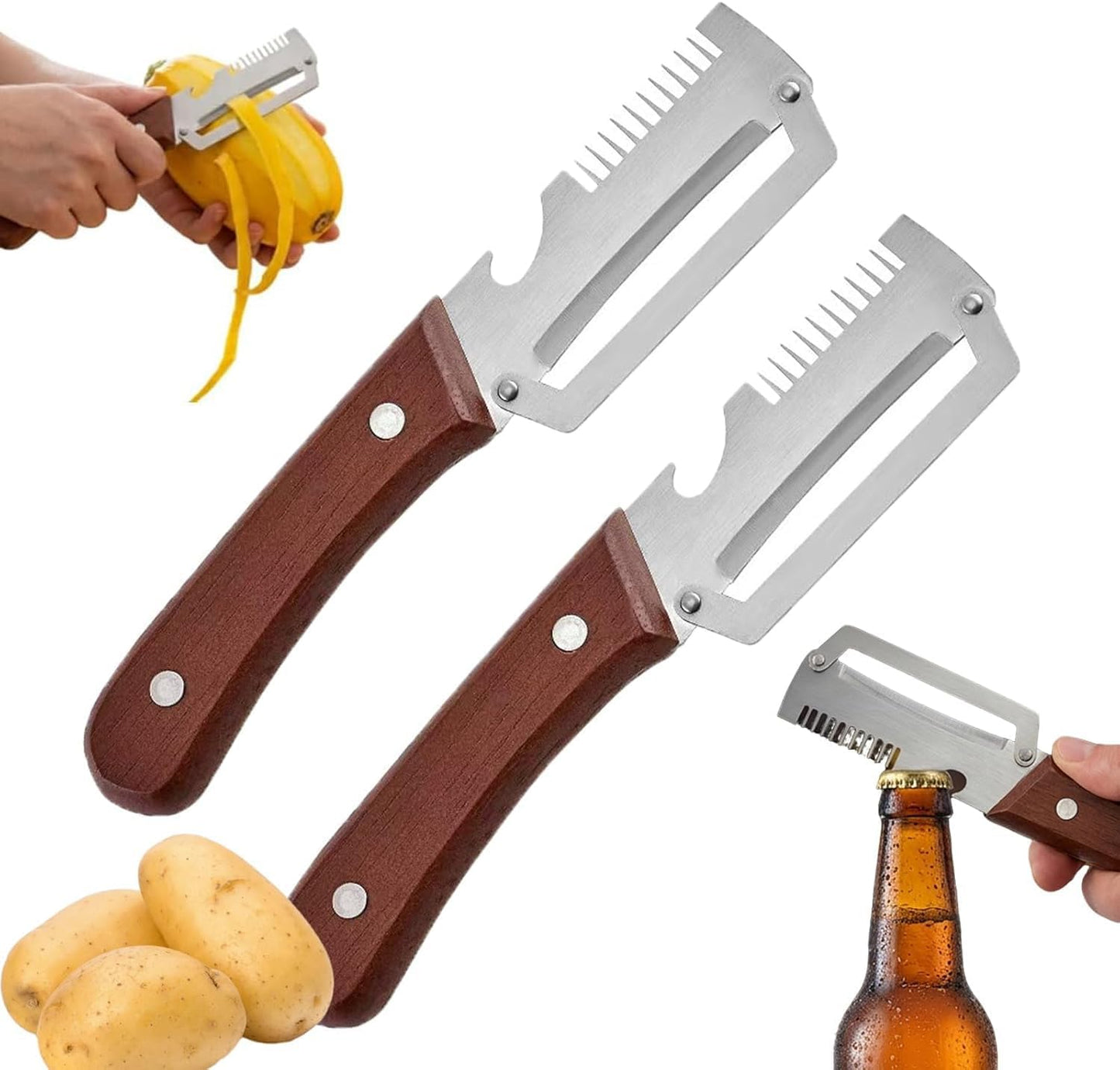 New Utilira Shredder, Multifunctional Vegetable Julienne Peeler, Kitchen Multi-Function Stainless Steel Thickened Fruit Peeler Knife, With Built-In Bottle Opener For Peeling Fruits, Vegetables(2PCS)